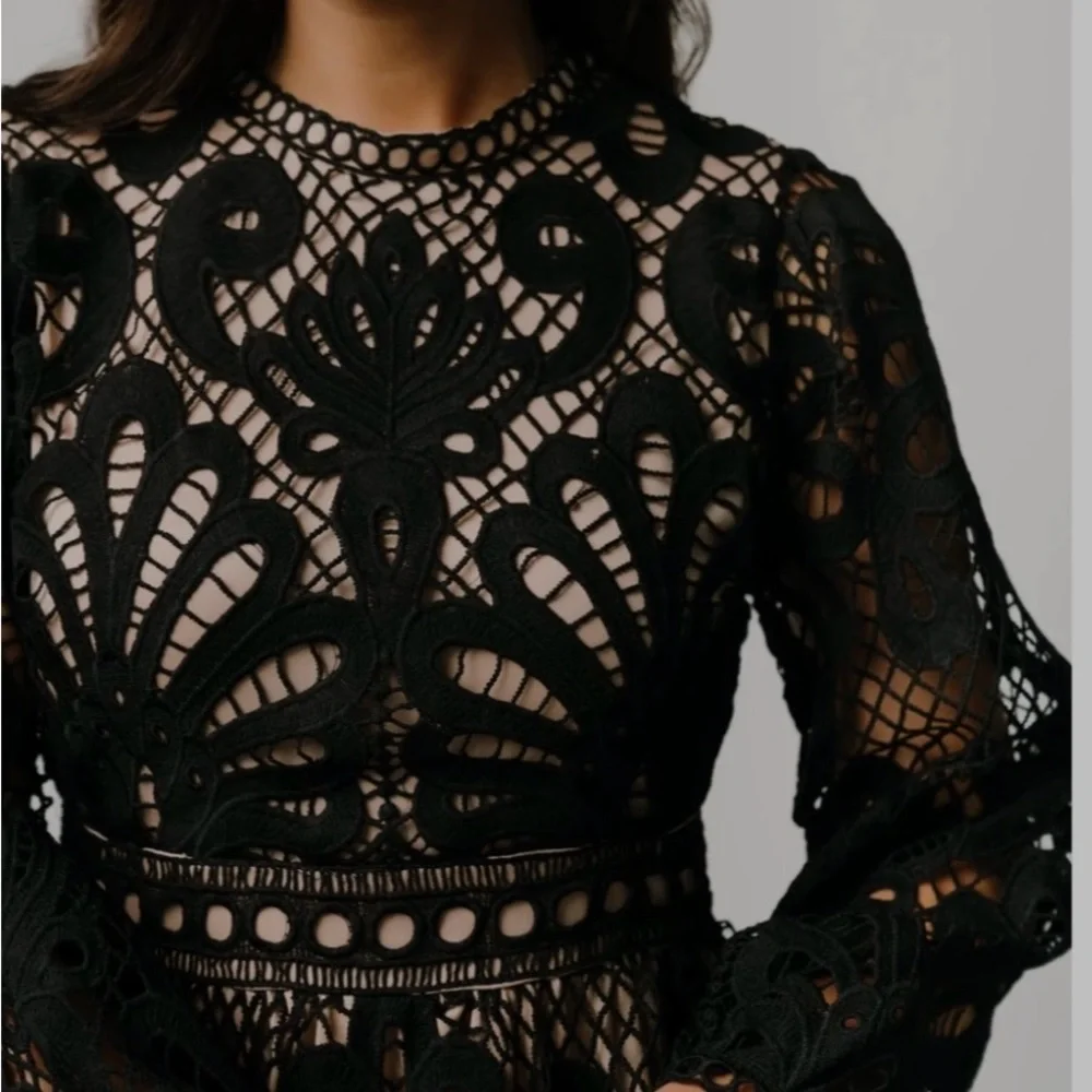 Bohme Black Tan Long Sleeve Mock Neck Cocktail Gown - Picture 2 of 11